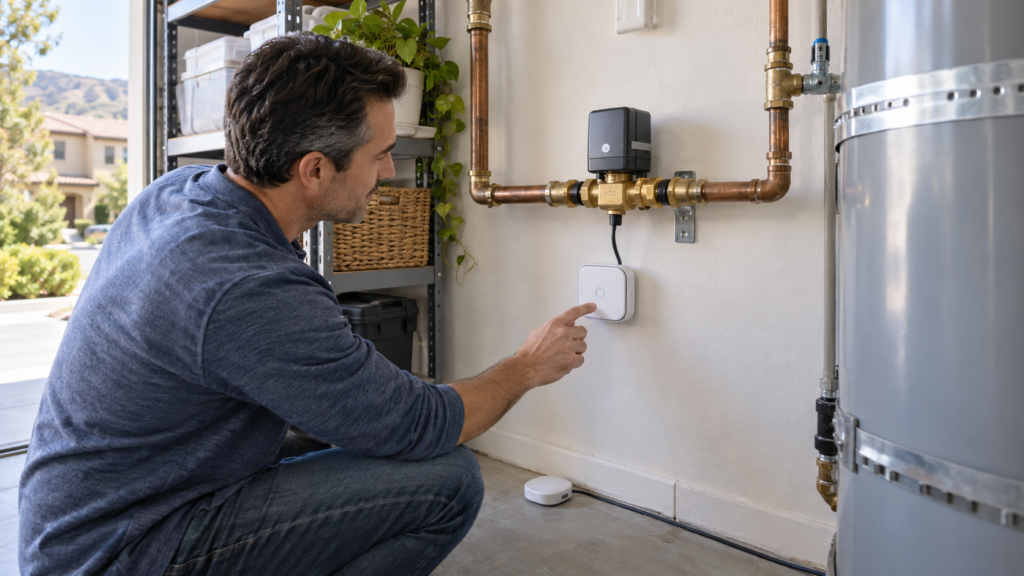 Aliso Viejo homeowner checking a smart leak sensor and automatic water shutoff installed near residential plumbing.