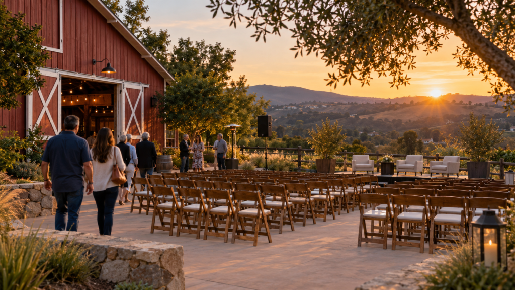 Illustrative editorial image of a red barn and outdoor seating prepared for an evening community forum in Aliso Viejo.