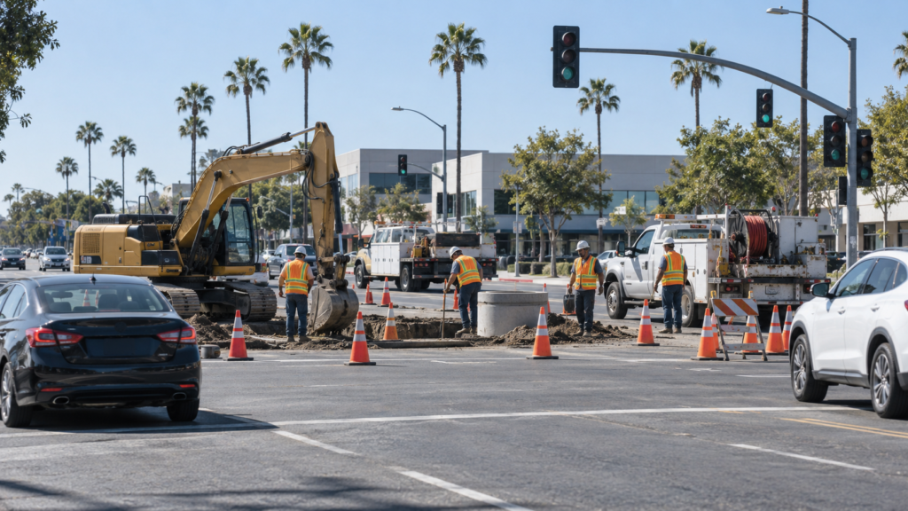Illustrative editorial image of an organized utility construction work zone at a Costa Mesa boulevard intersection.