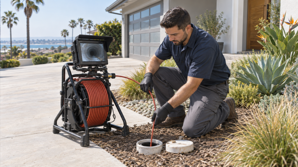 Plumber performing a sewer lateral camera inspection at a Costa Mesa home while reviewing pipe footage.