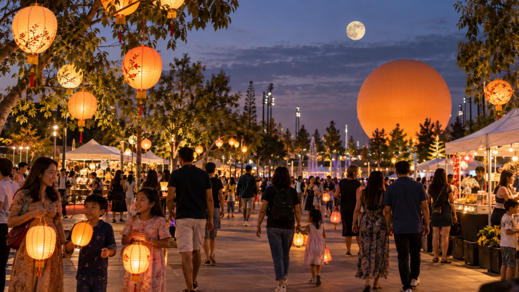 Illustrative editorial image of families enjoying glowing lanterns at an evening community festival in Irvine Great Park.