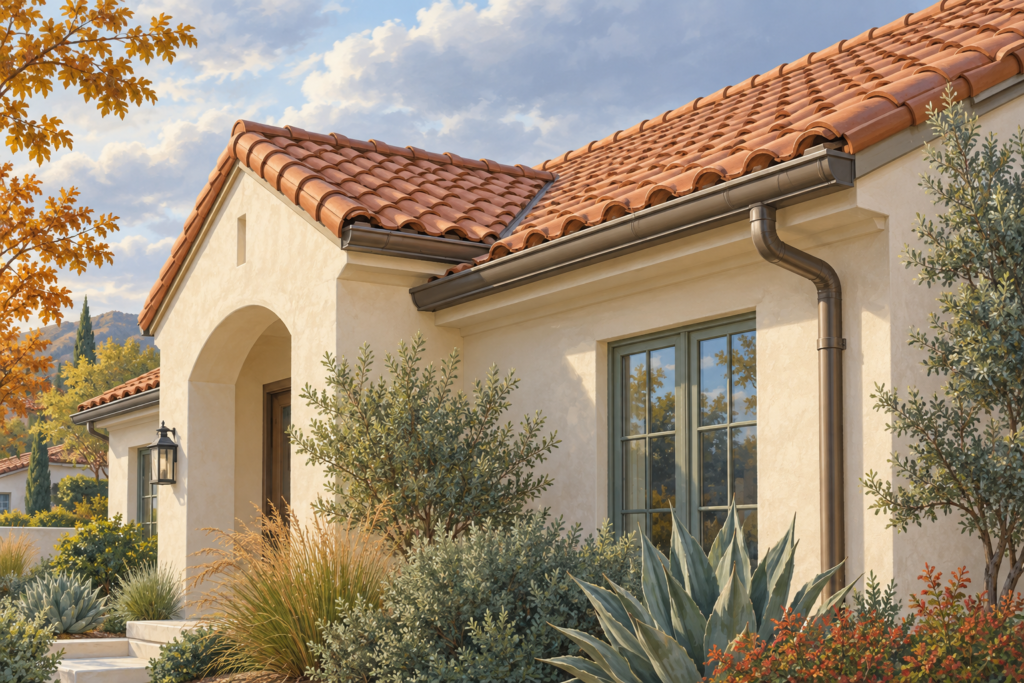 Editorial illustration of a stucco home with a terracotta tile roof, metal gutters and a downspout beneath autumn clouds.