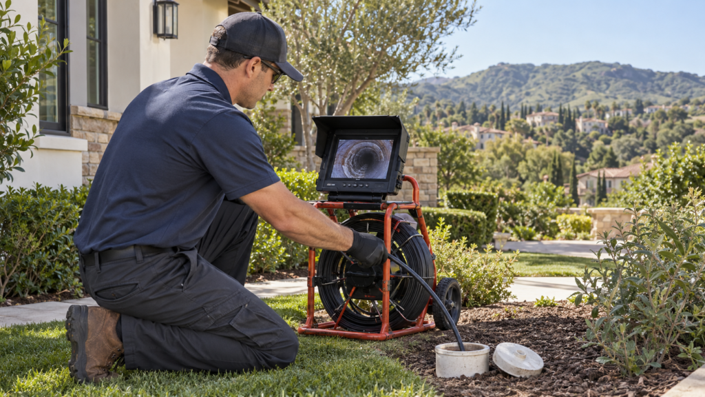 Plumbing technician performing a drain camera inspection at a Lake Forest home while the homeowner reviews the video monitor.