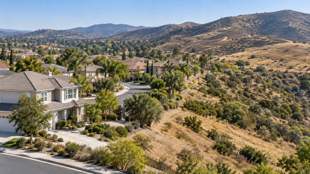 Illustrative editorial image of a Lake Forest neighborhood beside maintained open space and dry hills.