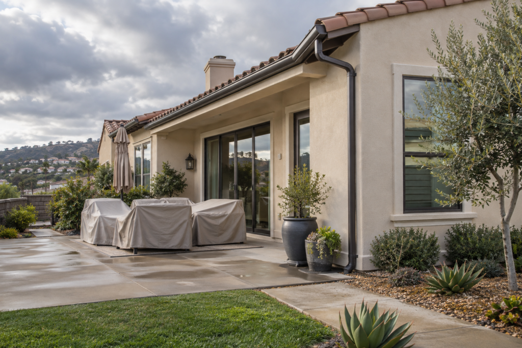 Orange County stucco home prepared for fall with clean gutters, secured patio furniture and cloudy skies.