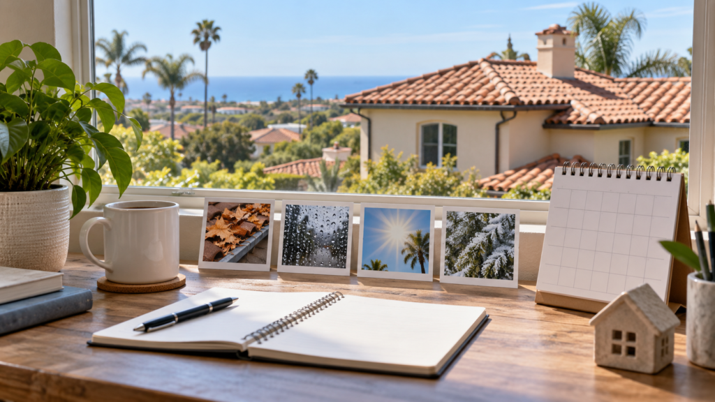 Seasonal roof-maintenance planning desk overlooking an Orange County tile-roof home.