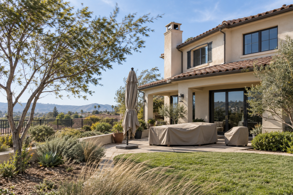 Orange County home exterior with patio items secured before Santa Ana winds under a clear windy sky.