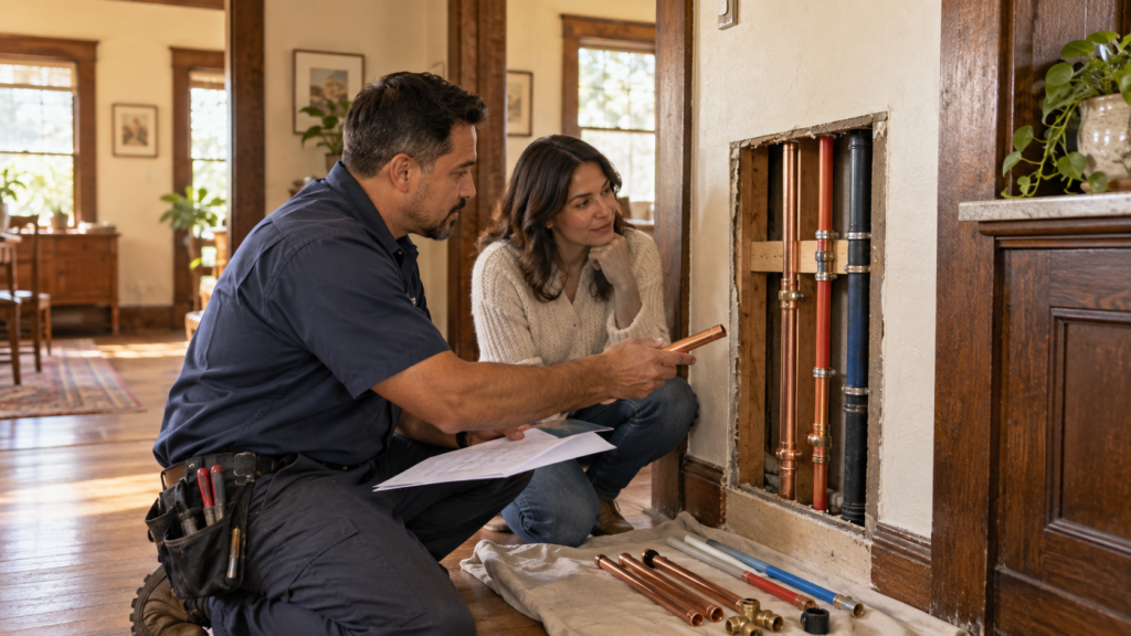Santa Ana homeowner and plumber reviewing supply-line options and a repipe plan inside an older home.