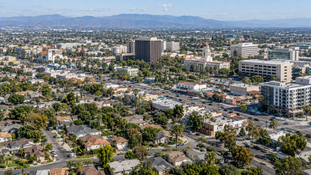 Illustrative aerial editorial image of Santa Ana neighborhoods, commercial corridors and civic buildings.