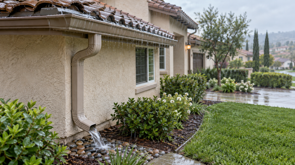 Tustin tile roof gutter and downspout carrying rainwater toward a landscaped drainage area.