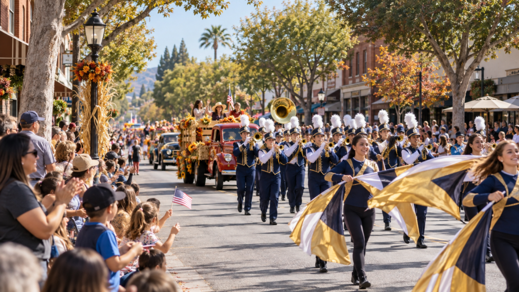Illustrative editorial image of families watching a community parade through a historic Tustin streetscape.