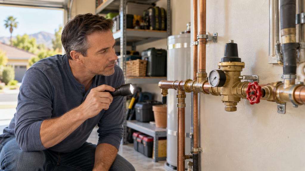 Tustin homeowner inspecting a whole-house water shutoff valve and pressure regulator in a garage utility area.